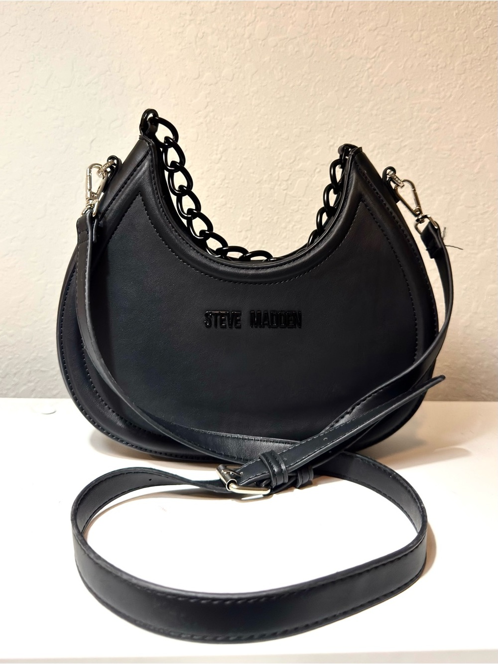 Steve Madden Black Crescent Shoulder Bag with Chain Handle